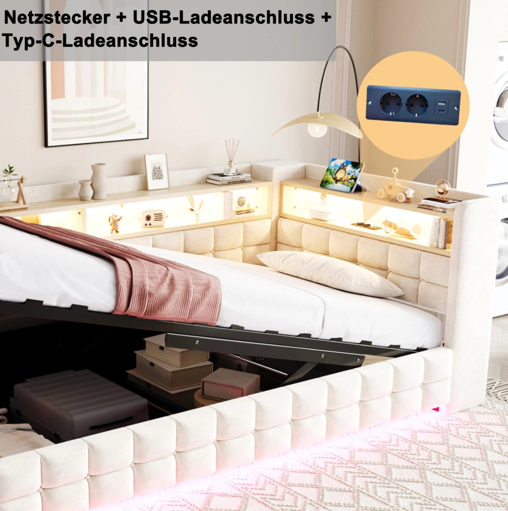 Letto singolo imbottito 90x200 cm con contenitore idraulico; LED e prese; beige