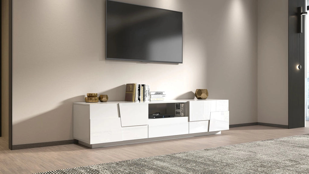 Mobile Tv 4 Anta 1 Cassetto e Ripiano a Giorno 220x44x46 cm Pongo 4A 1C Bianco Lucido