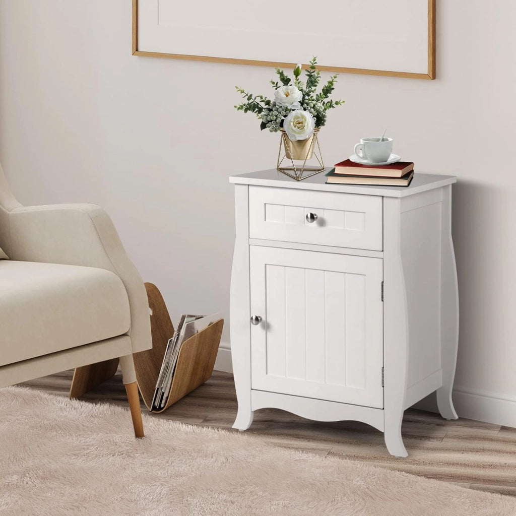 Comodino Bianco in Legno, Comodino con Cassetto e Armadio, per Camera da Letto, Soggiorno, 45 x 35 x 60,5 cm