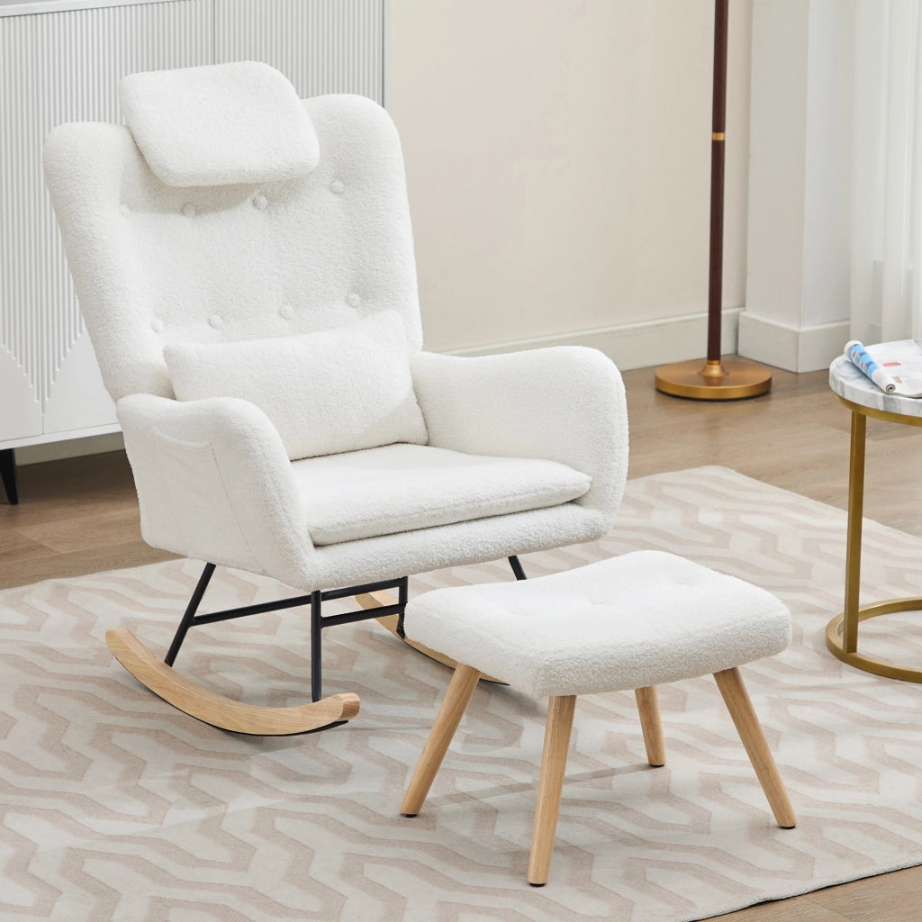 POLTRONA A DONDOLO 73x92x102 cm Teddy bianco con poggiapiedi e cuscini