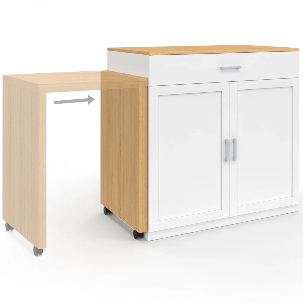 IDMarket - Isola centrale VITO 94-155 cm in legno bianco con tavolo da pranzo integrato allungabile in finitura faggio