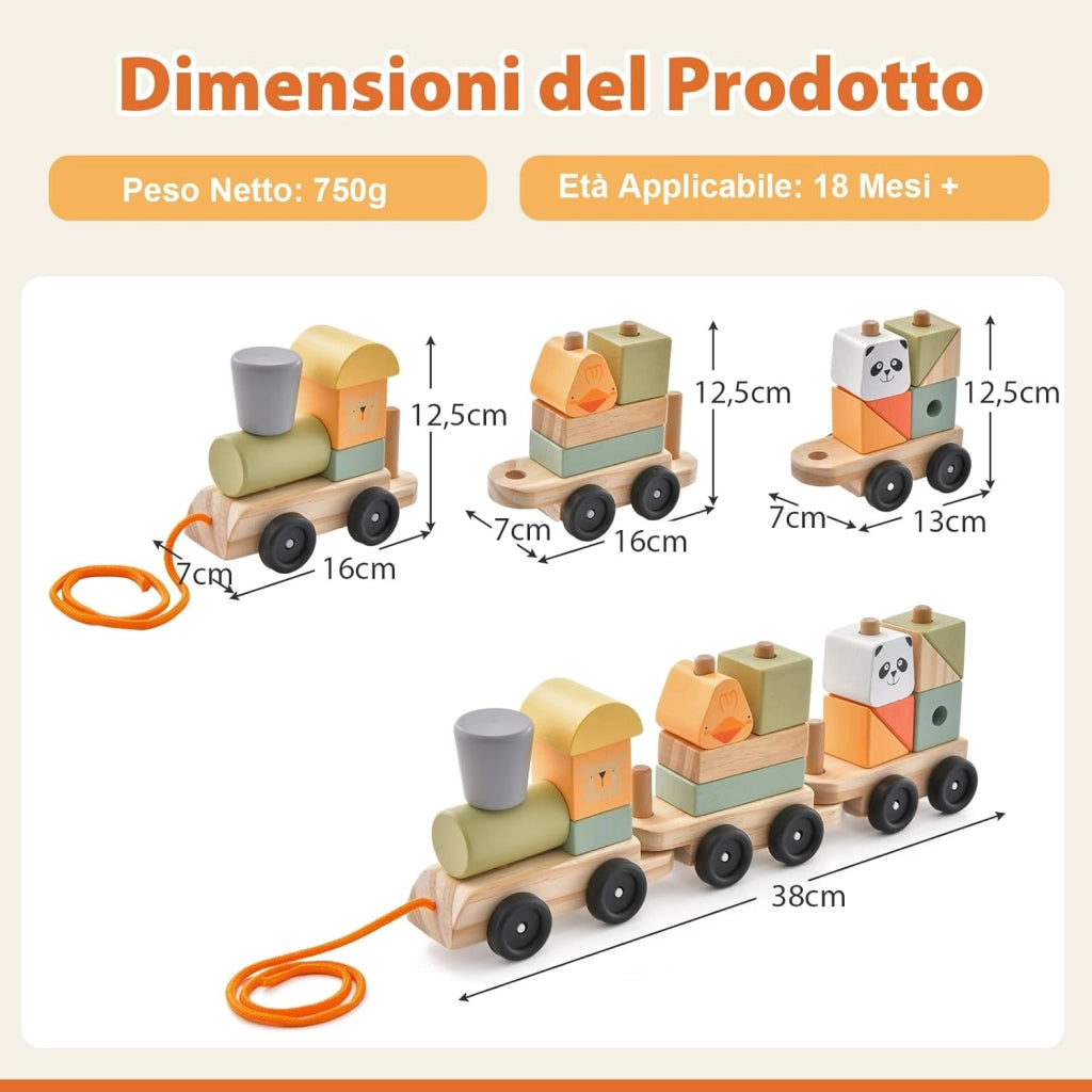 Trenino in Legno, Trenino Giocattolo a 3 Sezioni con Blocchi Impilabili, Corda di Traino, Design a Gancio, Trenino Giocattolo Educativo per Bambini 3 Anni+
