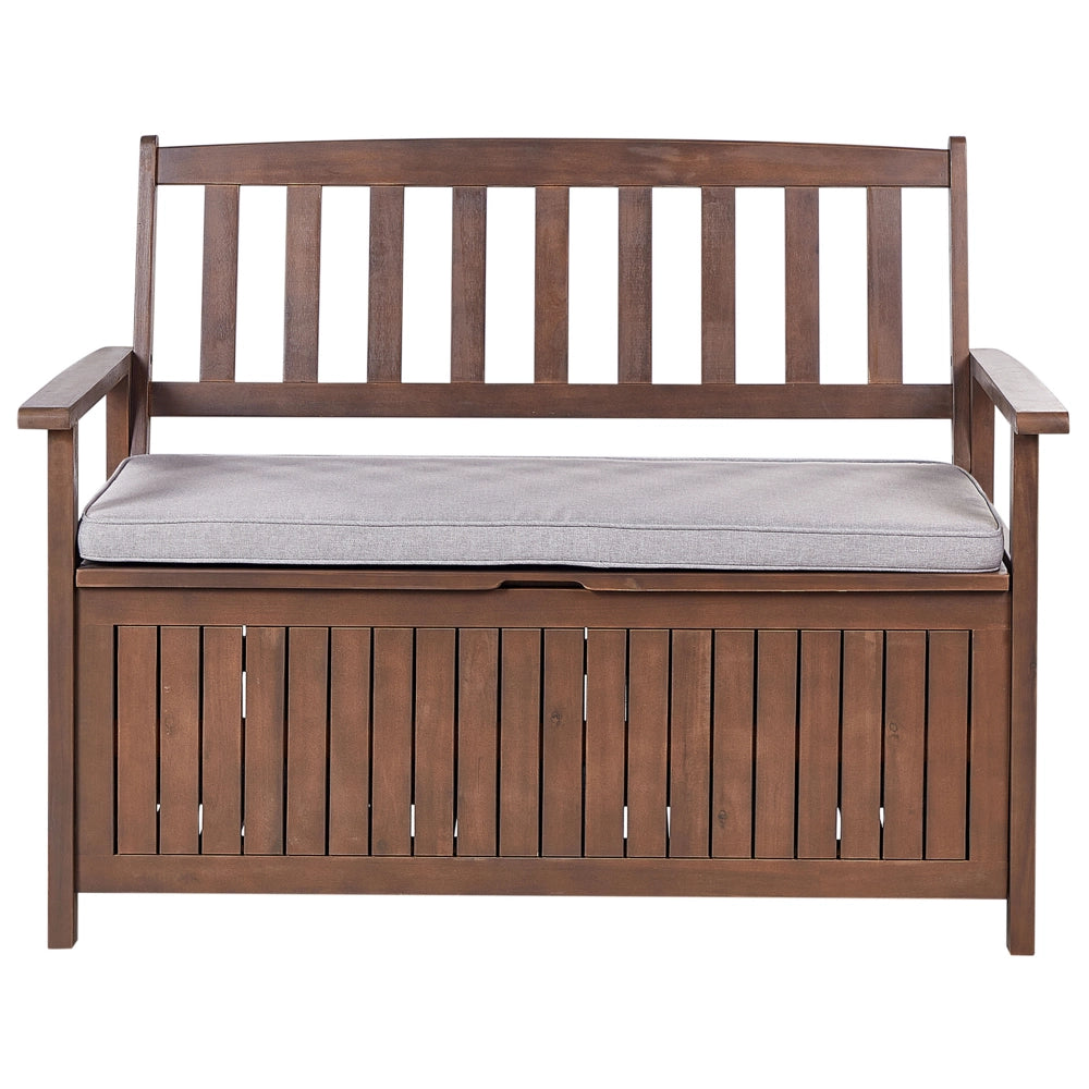 Panca da Esterno con Contenitore in Legno Massello di Acacia 2 Posti 120 cm Colore Scuro e cuscino Grigio