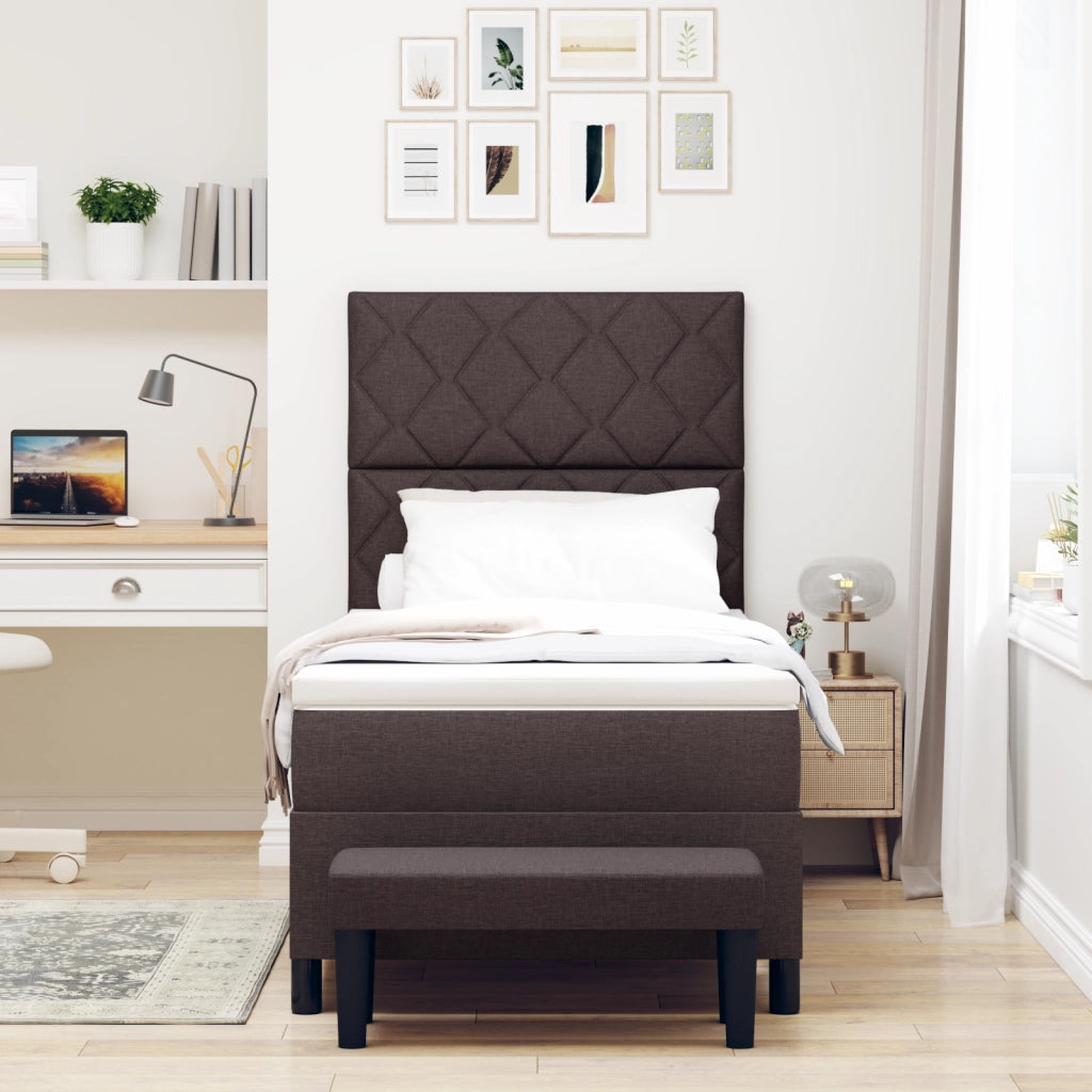 Letto con Box Spring e Panchina Marrone Scuro 100x200 cm in Tessuto