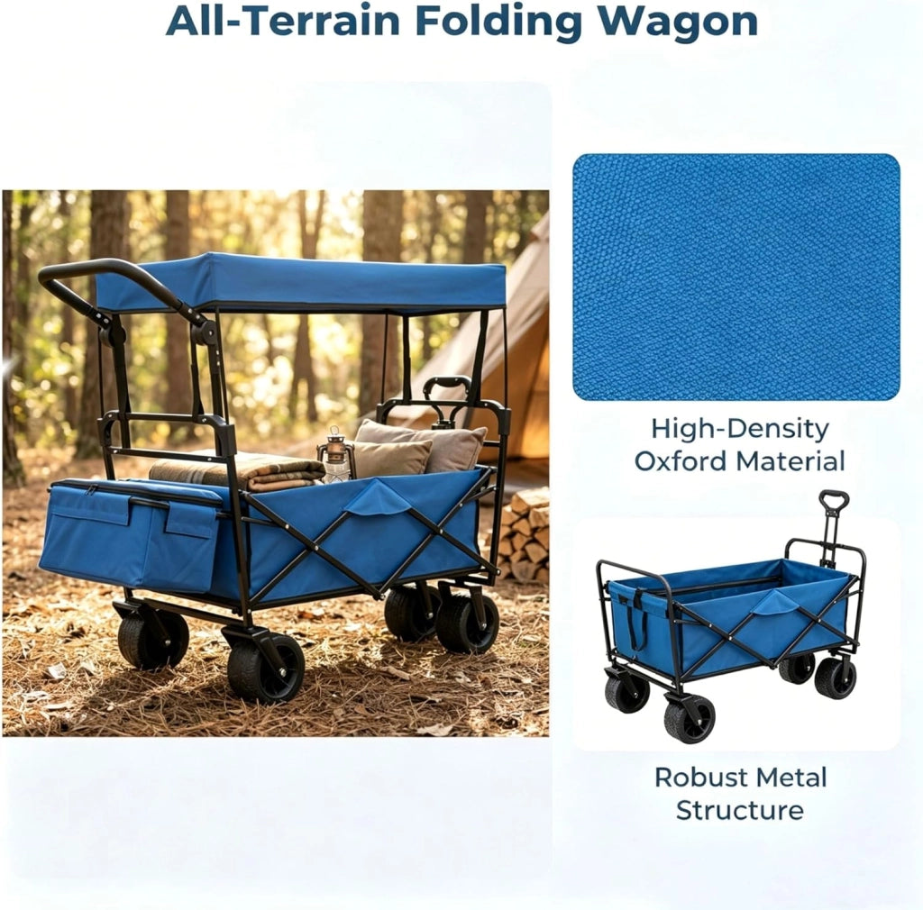 Carrello Spiaggia Pieghevole con Tetto, Carrello da Trasporto con Ruote Grandi e Borsa Portatutto, Carrello da Campeggio e Giardino, in Acciao Resistente, Chiusura Rapida, 100 KG, 100L (Blu)
