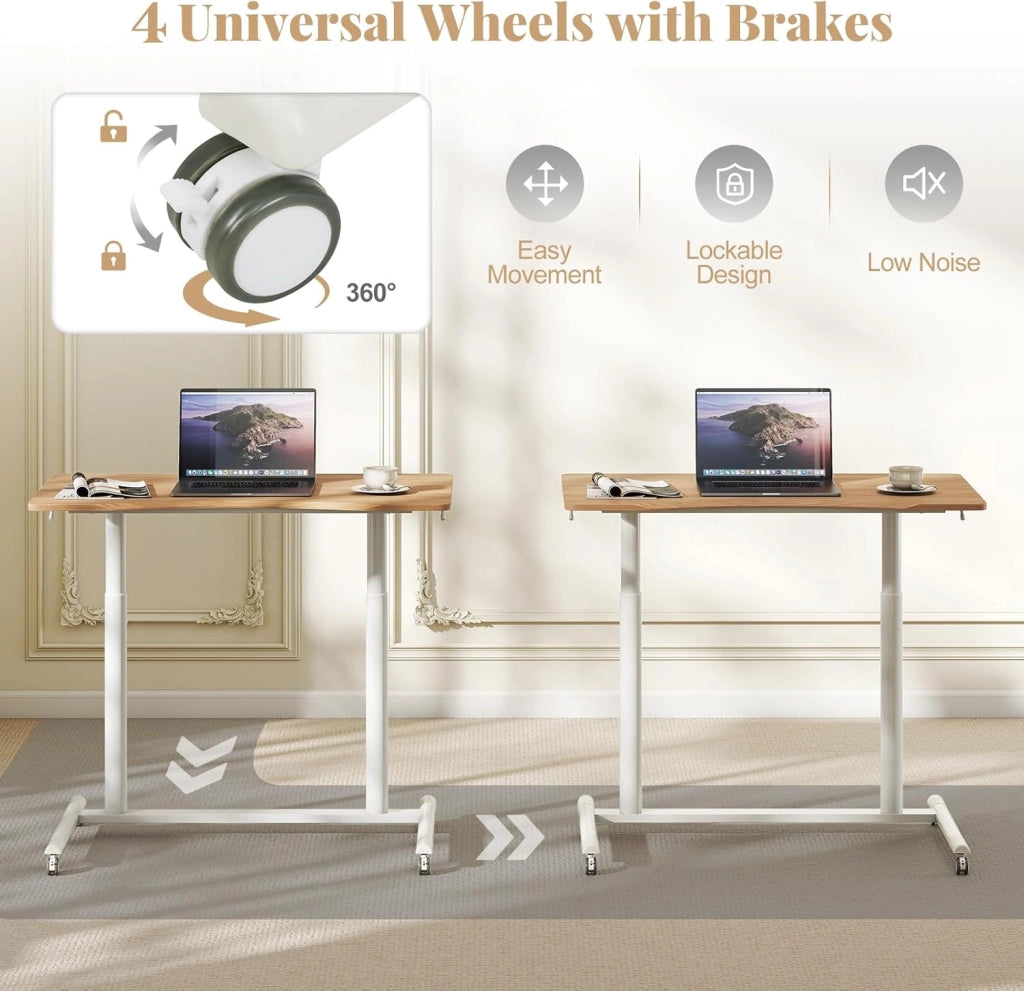 Scrivania Mobile Regolabile in Altezza, Scrivania Sit Stand con Ruote Bloccabili e Struttura in Metallo, Tavolino Laterale da Divano a Forma di C (Naturale)