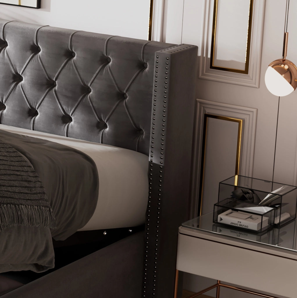 Letto contenitore 140x190 cm in velluto grigio con sollevamento idraulico