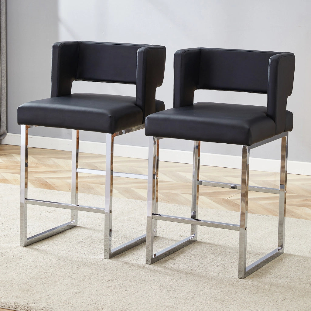 Sgabello da bar 2 pezzi con seduta imbottita quadrata e gambe in metallo argentato in poliuretano nero e argento stile nordico