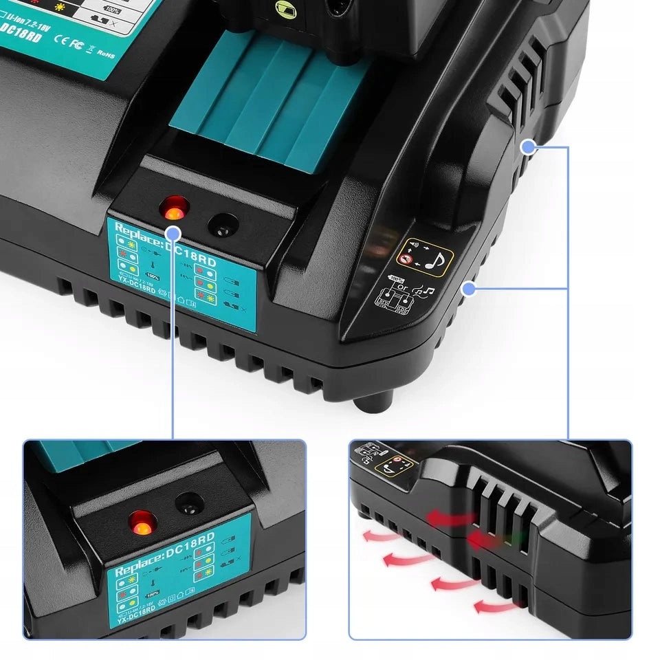 Caricabatterie Doppio PowerFix DC18RD – Compatibile con Batterie Makita 7,2V–18V | LED, 4A, 100–240V