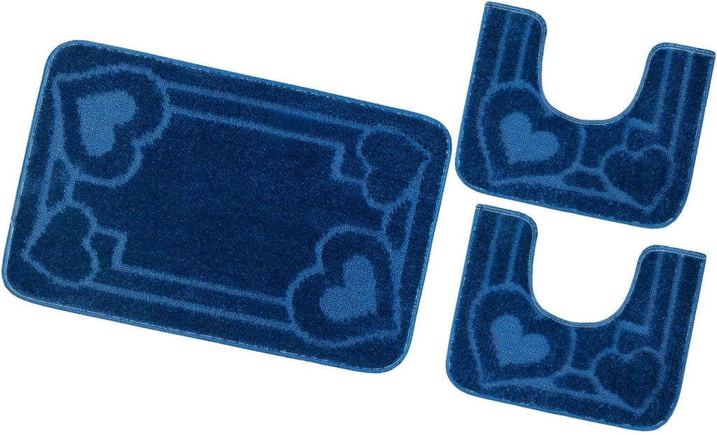 Tappeto Bagno Set 3 Pezzi Tinta Unita Antiscivolo Assorbente Girowater Cuori Made In Italy Blu