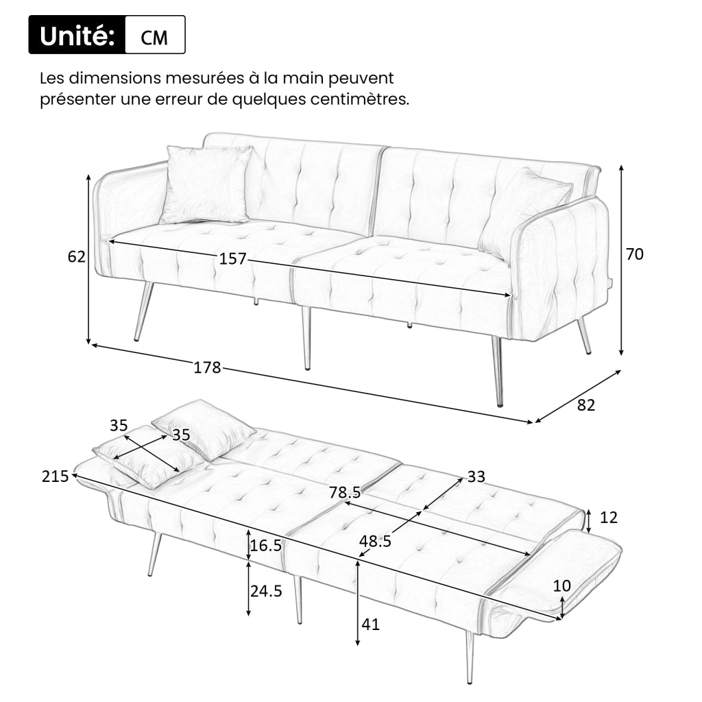 OKWISH Divano Letto 2 Posti, Schienale Regolabile e Braccioli Multilivello, con Cuscini, Velluto Grigio Anticato