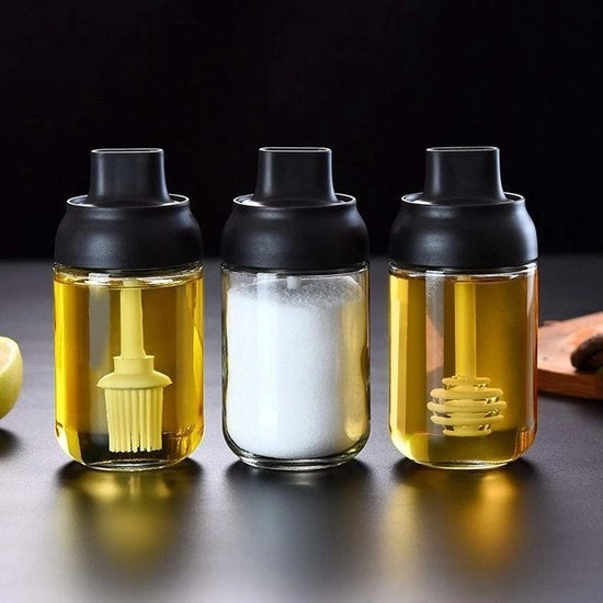 Set di 3 contenitori per erbe, 250 ml, contenitori per erbe con coperchio e cucchiaio per protezione dall'umidità per sale, zucchero, olio, miele, dispenser (nero)