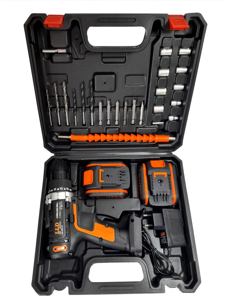 Trapano avvitatore doppia batteria a litio 18V + valigetta e 24 accessori LLD-N