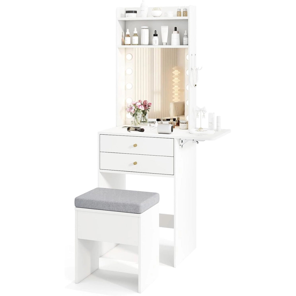 Tavolo da trucco compatto con specchio e luci, Set di comodino con stazione di ricarica bianco-Tavoli da trucco