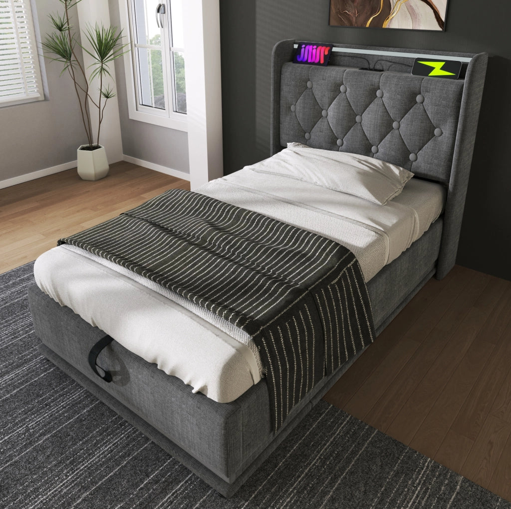 Letto singolo 90x200 cm in lino grigio con LED 360掳; USB e contenitore idraulico