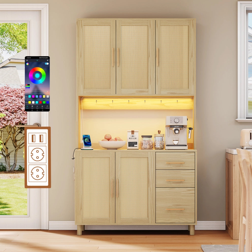 Mobile Dispensa 100x40x183 cm Effetto Legno con LED App; 2 Prese; 2 USB; 3 Cassetti e Ante Rattan