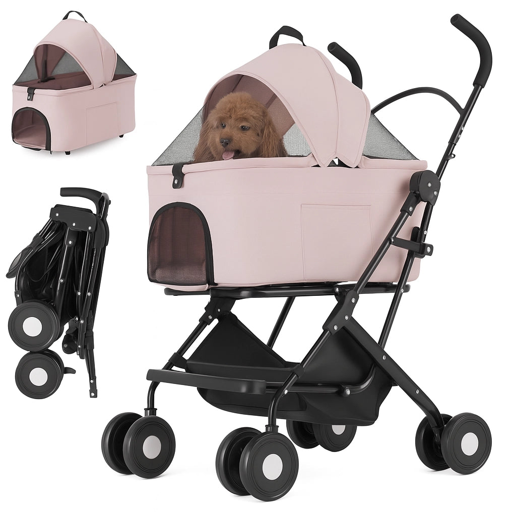 Passeggino Cani e Gatti 2in1 Trasportino Rimovibile e Struttura Pieghevole Robusta Rosa