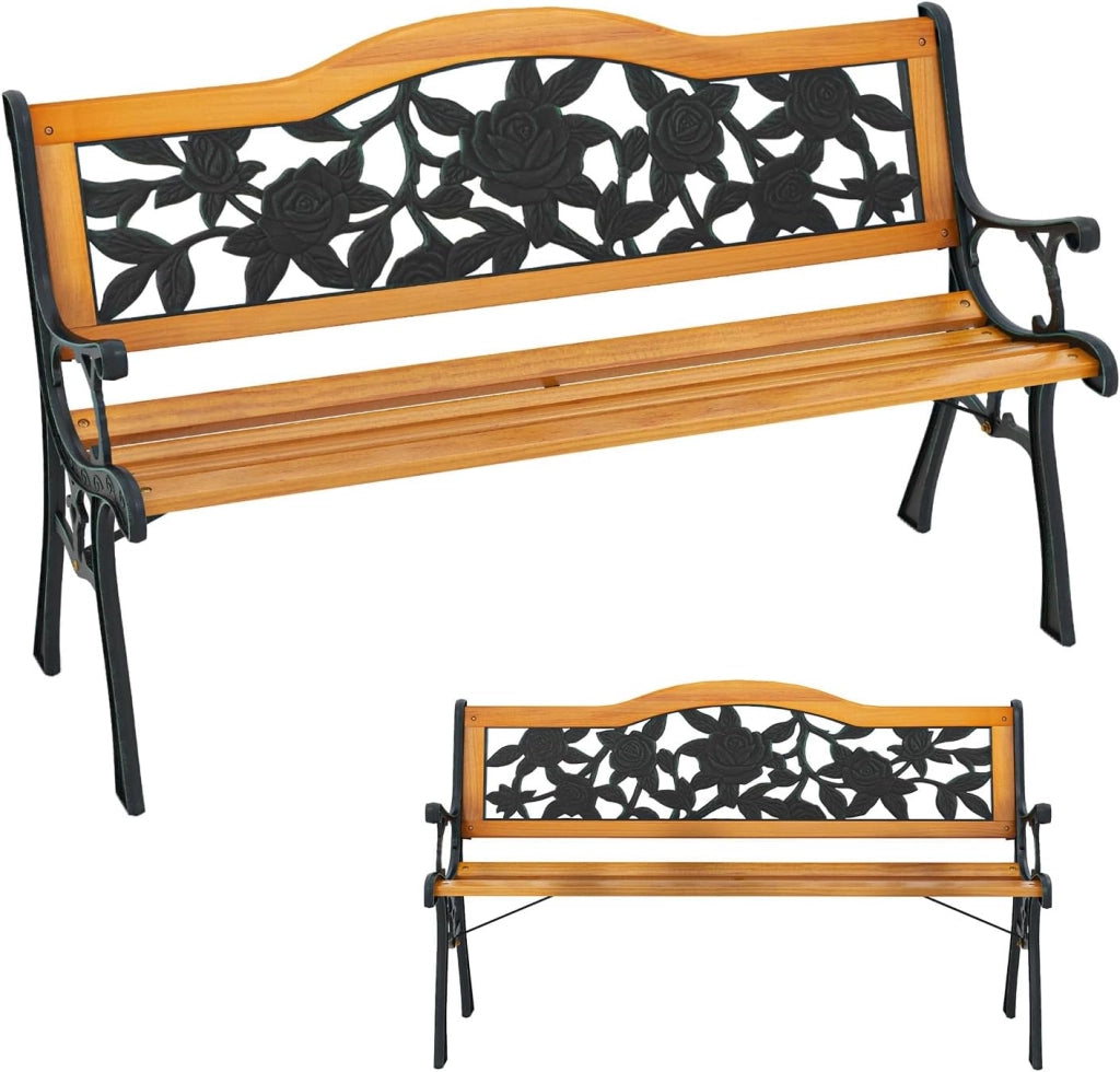 Panca da giardino a 2 posti, panca da parco in legno di pino, sedia da parco con schienale, carico di 210 kg, telaio in metallo, per balcone, terrazza (modello 3, 126 x 52 x 77 cm)