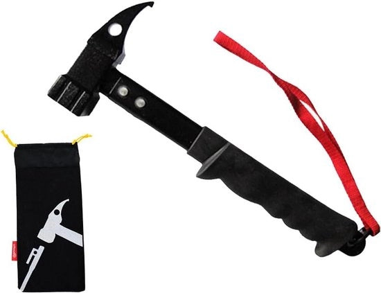 Martello da Campeggio per Viti da Tenda - Nero - 32 cm - Testa Antiscivolo - Progettato con Cinturino di Blocco e Tasca