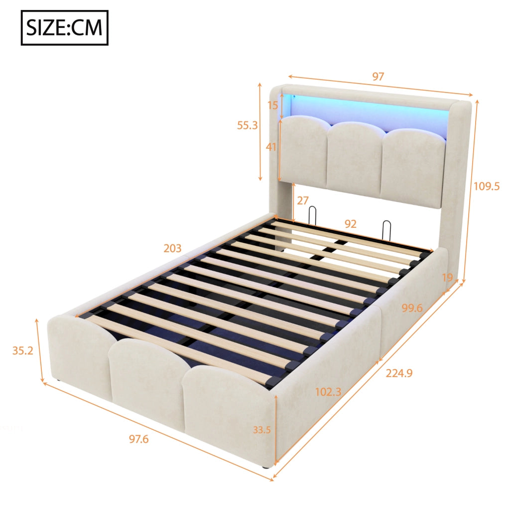 Letto imbottito 90x200 cm in tessuto effetto velluto beige con LED; USB e vano contenitore