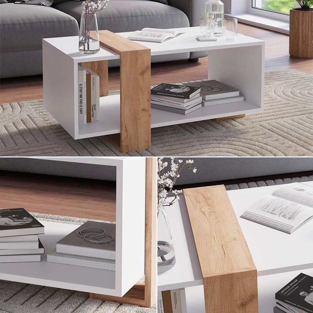 Tavolino Aven, Rovere bianco/dorato, 91.5 x 52 cm, con ripiano aggiuntivo per libri e riviste