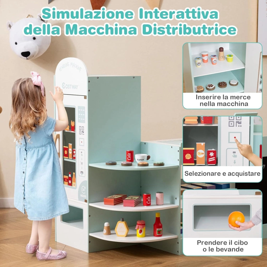 Negozio Alimentare per Bambini, Set di Giocattoli Supermercato in Legno con Cassa, Macchina POS, Distributore Automatico, Lavagna Scrivibile, per Bambini 3-8 Anni (Verde)