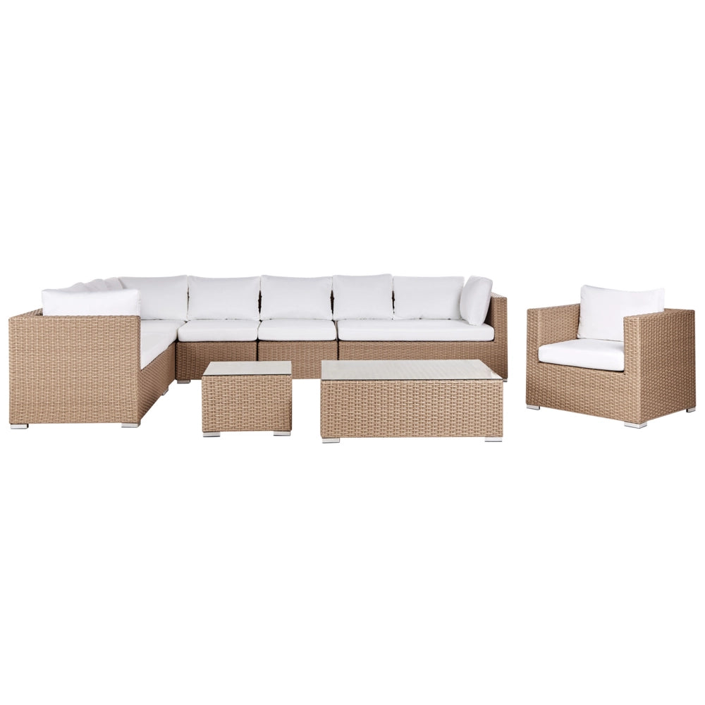 Set da giardino 8 posti in rattan color sabbia lato destro con cuscini beige Divano ad angolo Poltrona Tavolino da caffè