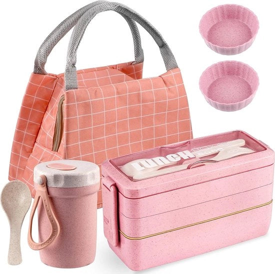 Borsa per picnic per adulti, contenitore per pane e accessori per bere, set di tazze, contenitore per pane per bambini con 3 tasche, contenitore per cibi senza grassi senza lecitina di soia, resistente al microonde, rosso