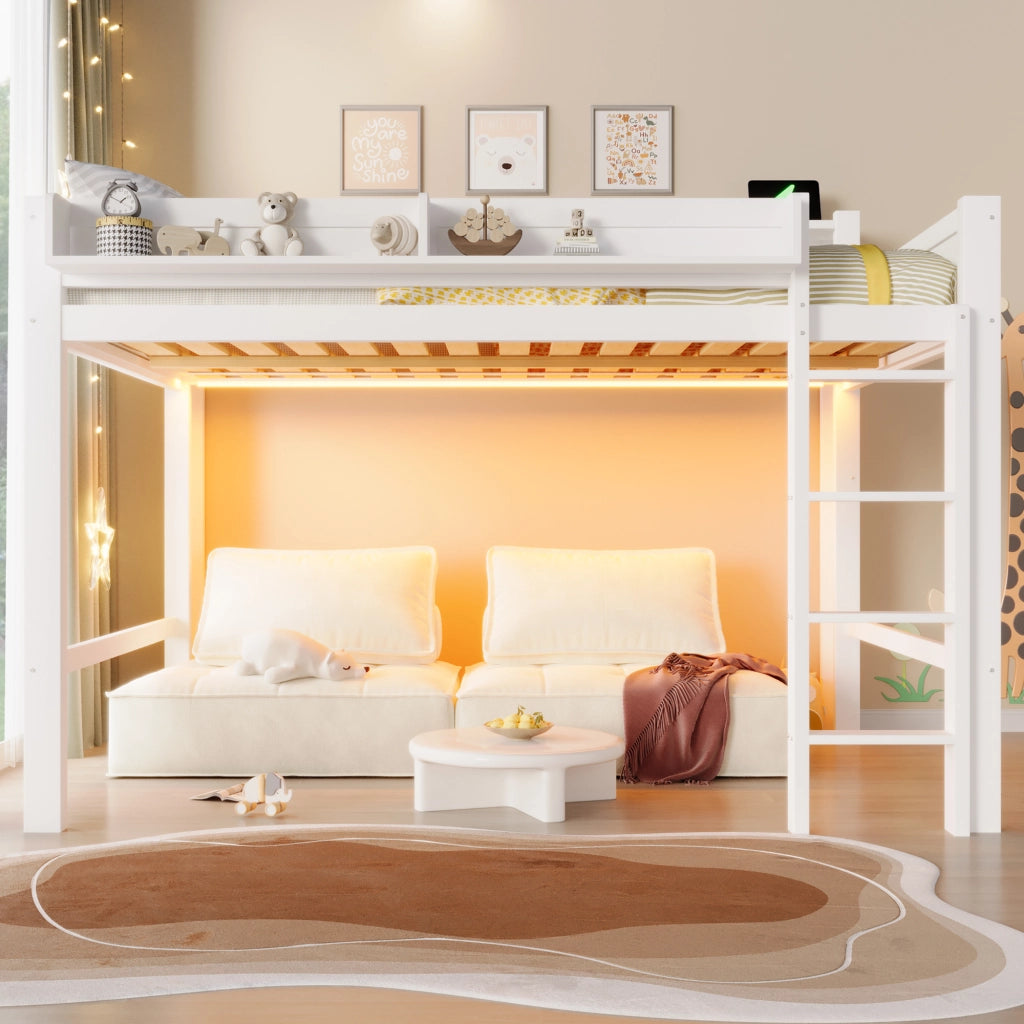 Letto a soppalco 140x200 cm, letto per bambini in legno, con vano portaoggetti, illuminazione a LED, porta USB, bianco