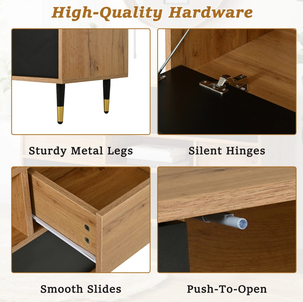 Sideboard bicolore con 2 cassetti; vano aperto e ante a ribalta; MDF e truciolare; nero e naturale