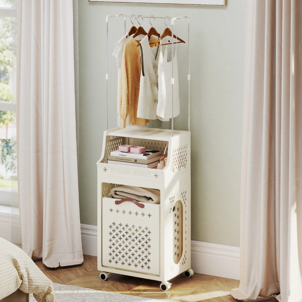 Cesto portabiancheria con ruote mentre plastica multistrato-Cesti del bucato con ruote ganci e contenitore Beige