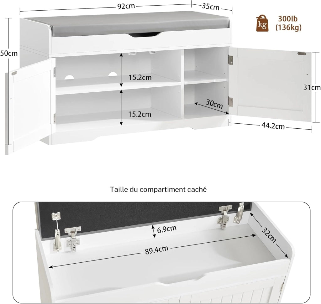92cm Scarpiera Panca,Panca Contenitore con Cuscino,2 Ripiani Regolabili,Scarpiera per Ingresso, Camera da Letto,92x35x50cm (Bianco)