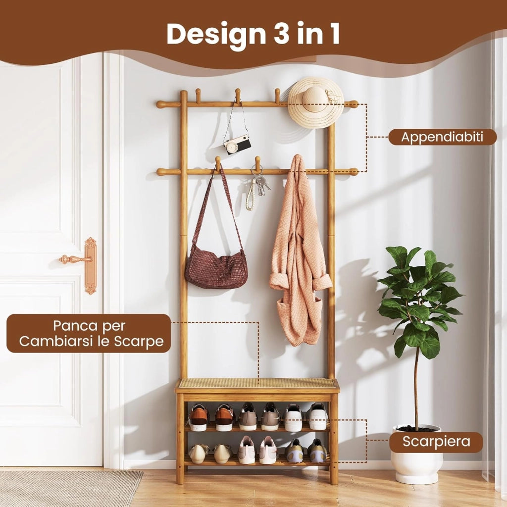 3 in 1 Appendiabiti da Terra in Bambù, Appendiabiti Salvaspazio con Scarpiera a 2 Ripiani, Panca in Rattan PE e 11 Ganci Arrotondati, Mobile Ingresso, 71 x 30 x 169,5 cm (Naturale)