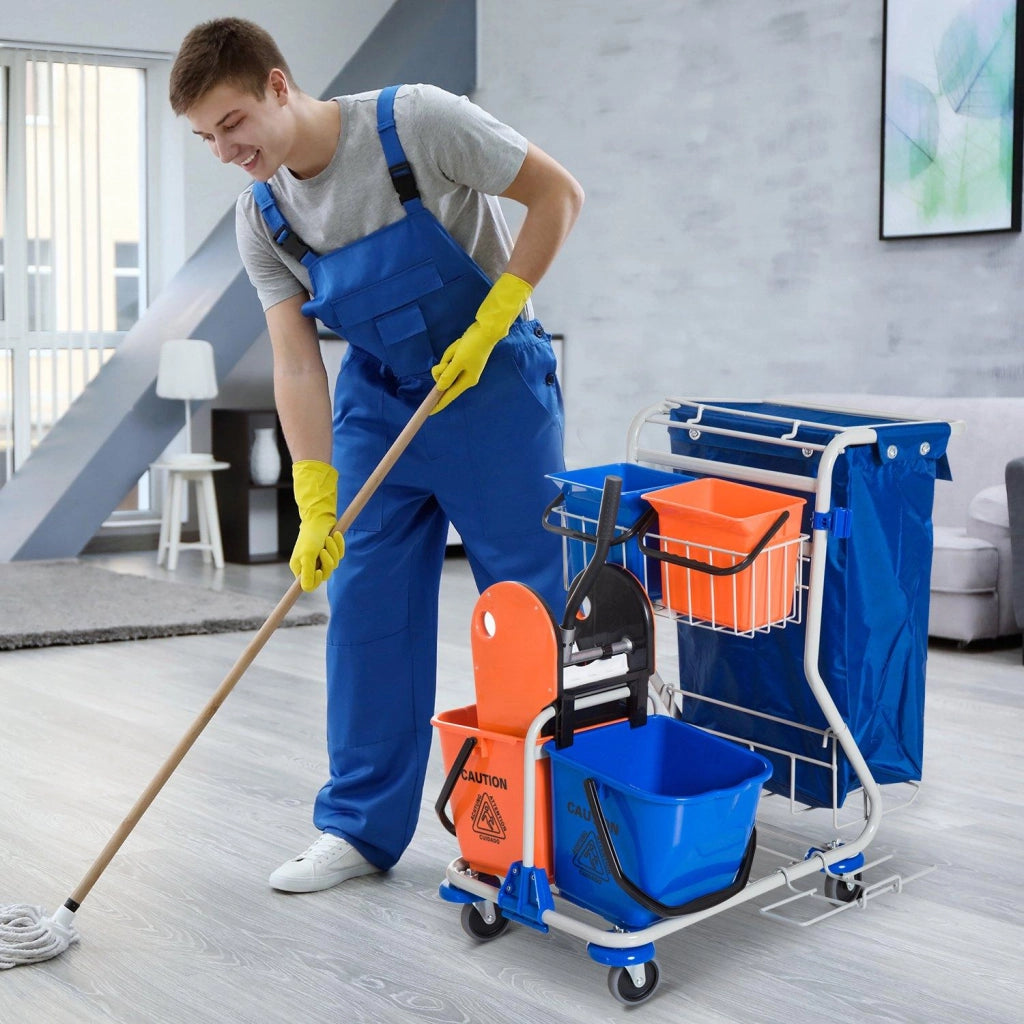 Carrello Pulizie Professionale 4 Secchi 18L/6L con Ruote   Blu e Arancione