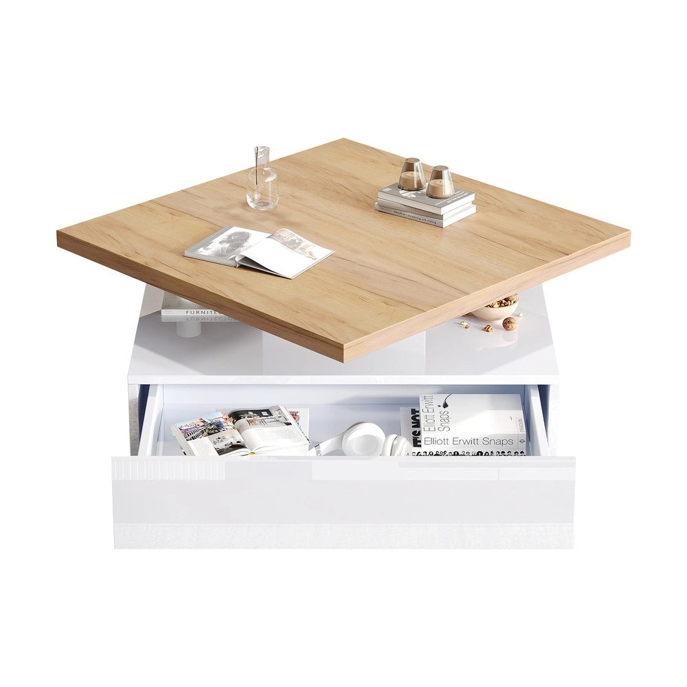 Tavolino da Salotto Girevole 360¡ã con Cassetti e Ripiano ¨C Xylo ¨C Bianco Lucido, Effetto Noce