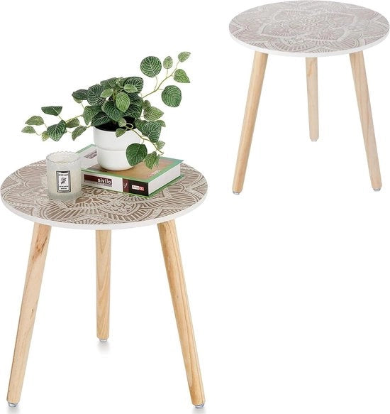 Set di 2 Piccoli tavolini decorativi floreali in cerchio - Comodino bohemien da camera da letto - Decorazione da interno con gambe in legno