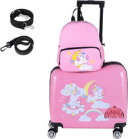 Set di Valigia Cavalcabile 18’’ + Zaino 12’’ per Bambini 2 Pezzi, Bagagli 2-in-1 di con Maniglia Telescopica e 4 Ruote, Trolley Bagaglio a Mano e Zaino per Bambini (Rosa Unicorno)