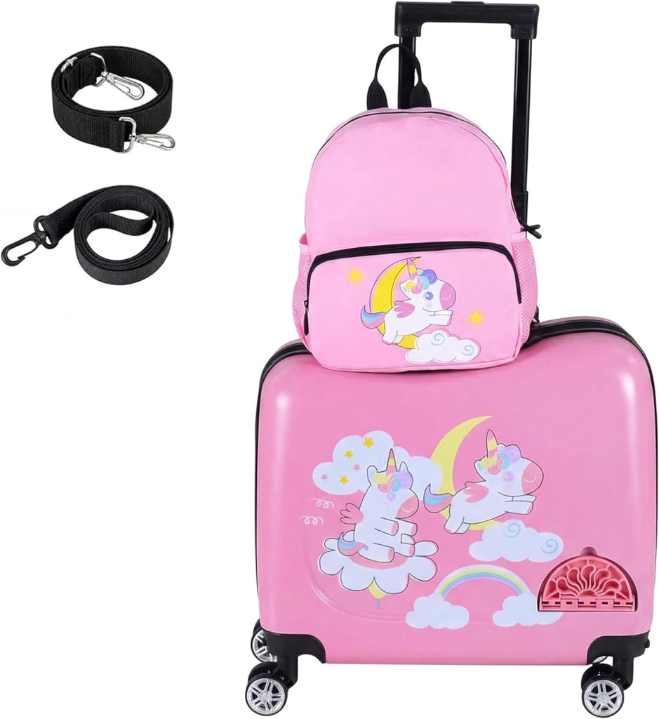 Set di Valigia Cavalcabile 18’’ + Zaino 12’’ per Bambini 2 Pezzi, Bagagli 2-in-1 di con Maniglia Telescopica e 4 Ruote, Trolley Bagaglio a Mano e Zaino per Bambini (Rosa Unicorno)