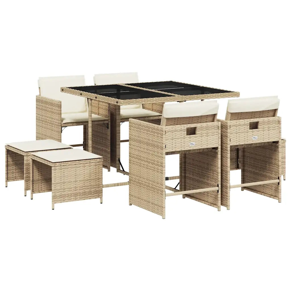 Set da Pranzo da Giardino 9 pz | Set Salotto da Giardino con Cuscini Beige in Polyrattan