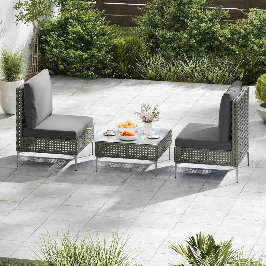 Tavolino e 2 Sedie da Giardino, Set da Conversazione in Rattan con Cuscini e Tavolino in Vetro Temperato, Set da Bistrò per Veranda, Balcone e Cortile (Stile 1)