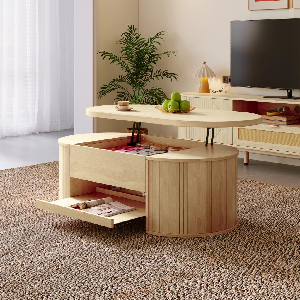 Tavolino da Salotto Alzabile con Piano Regolabile e Ripiano Estraibile; Stile Moderno; in MDF; 110×55;5×40 cm; Naturale