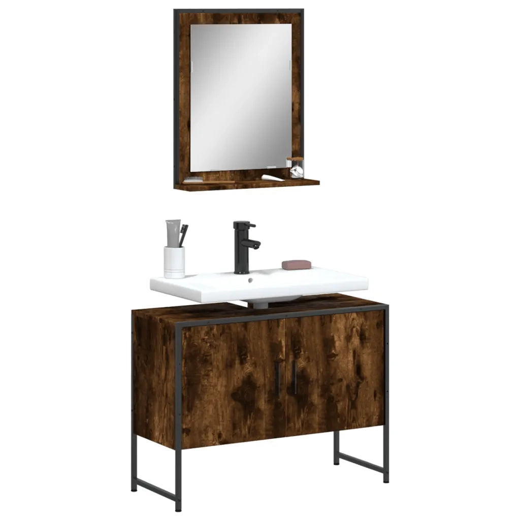 Set Mobili da Bagno | Armadio da bagno 2 pz Rovere Fumo in Legno Multistrato