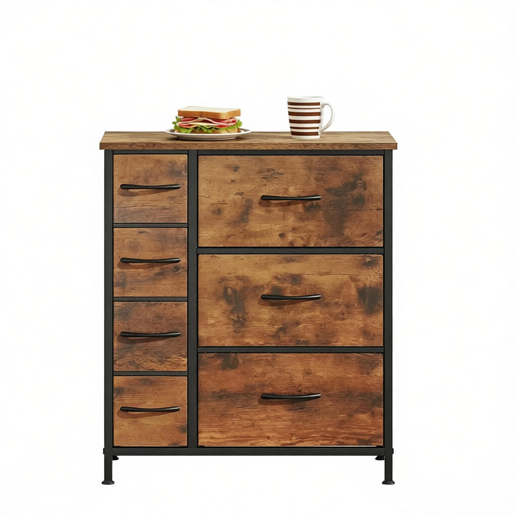 Cassettiera vintage autoportante con 7 cassetti in tessuto, struttura in metallo e legno, 63,5 x 30 x 73 cm