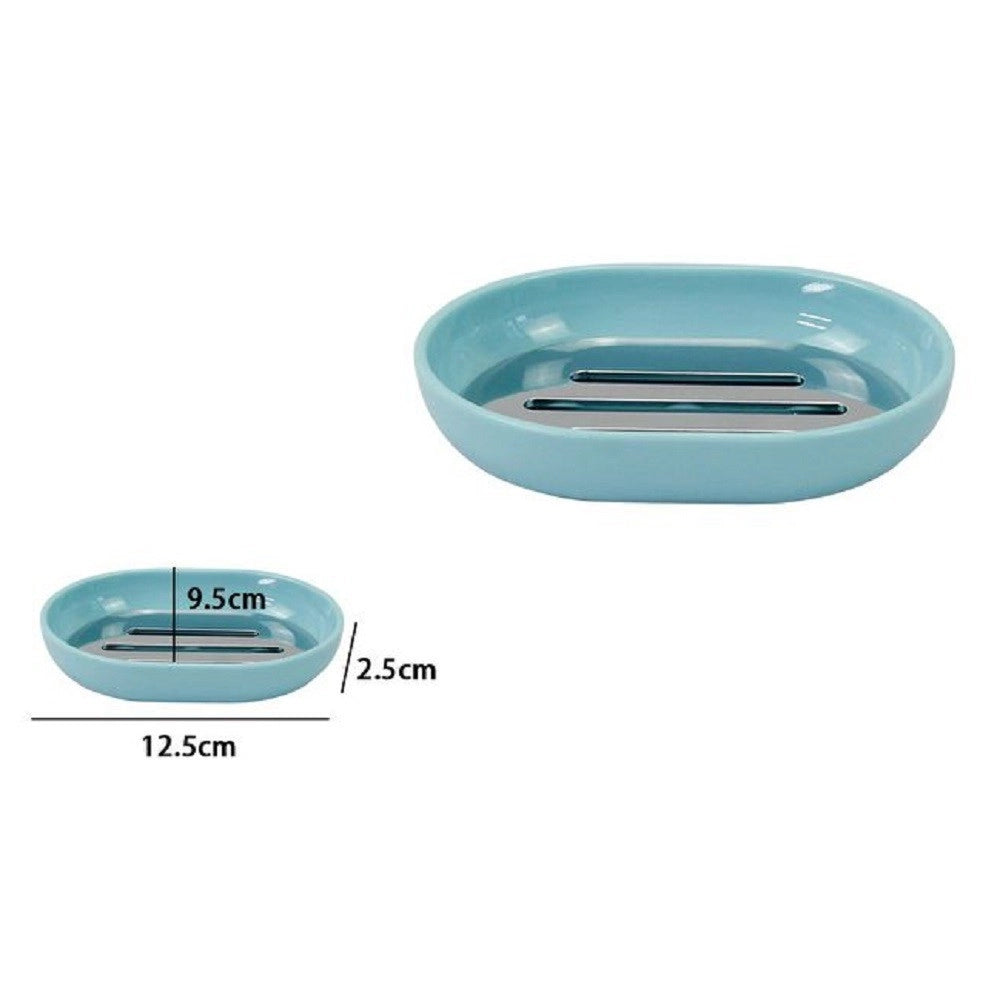 Trade Shop - Piattino Porta Sapone Saponetta Celeste Silver Accessori Bagno 12.5x9.5 Cm 79889 -