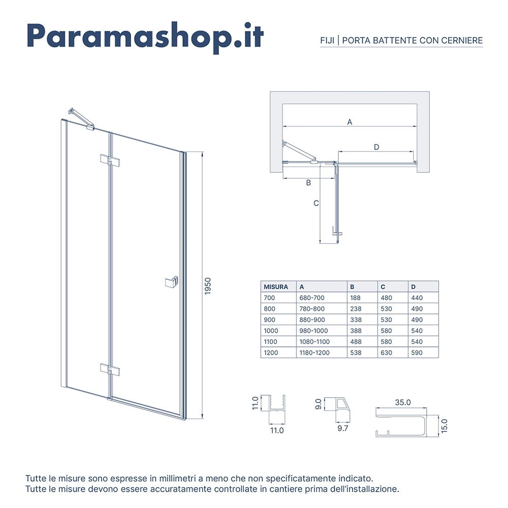 Porta doccia 70cm apertura a battente lato sinistro con cerniere, profili cromati e vetro da 8mm trasparente h195 | Fiji