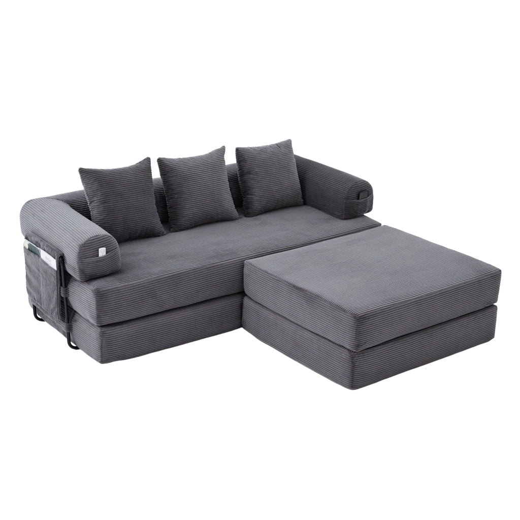 Divano Modulare con Poggiapiedi ¨C Xylo ¨C Tessuto Cord, Grigio Scuro, Cuscini, Braccioli