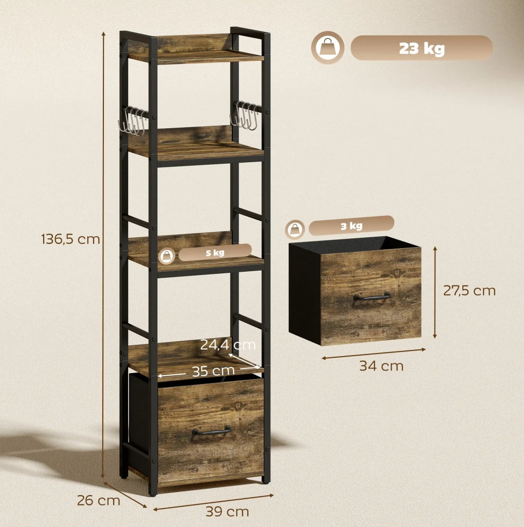 Libreria stretta 4 ripiani con cassetto e 8 ganci, legno rustico