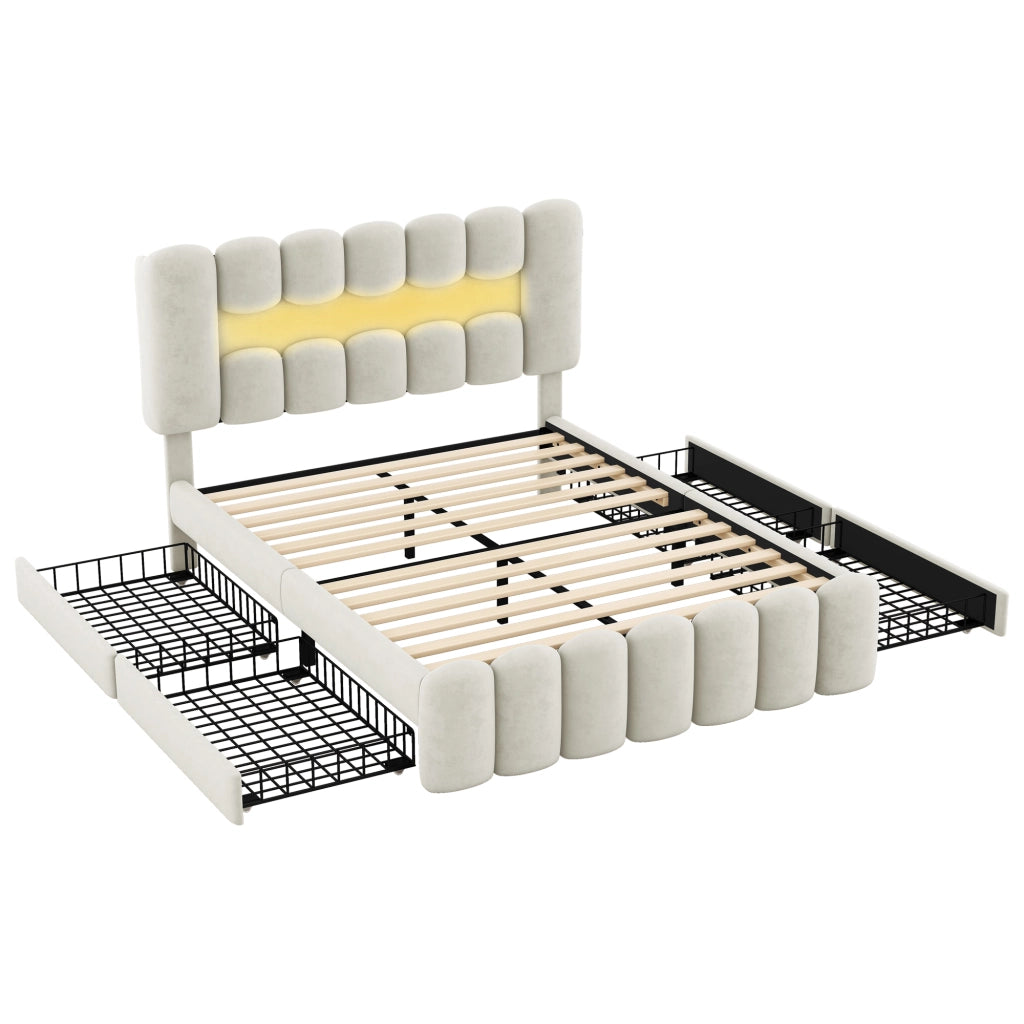 Letto con Cassetti 140×200 cm; Letto Matrimoniale con 4 Cassetti; USB; Altoparlanti e LED; senza Materasso; Beige