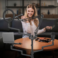 Supporto da terra 4in1 con 1 asta per microfono + 3 bracci articolati per accessori, con morsetto e ring light a 3 modalità, treppiede con rotelle per fotocamera per dirette e live