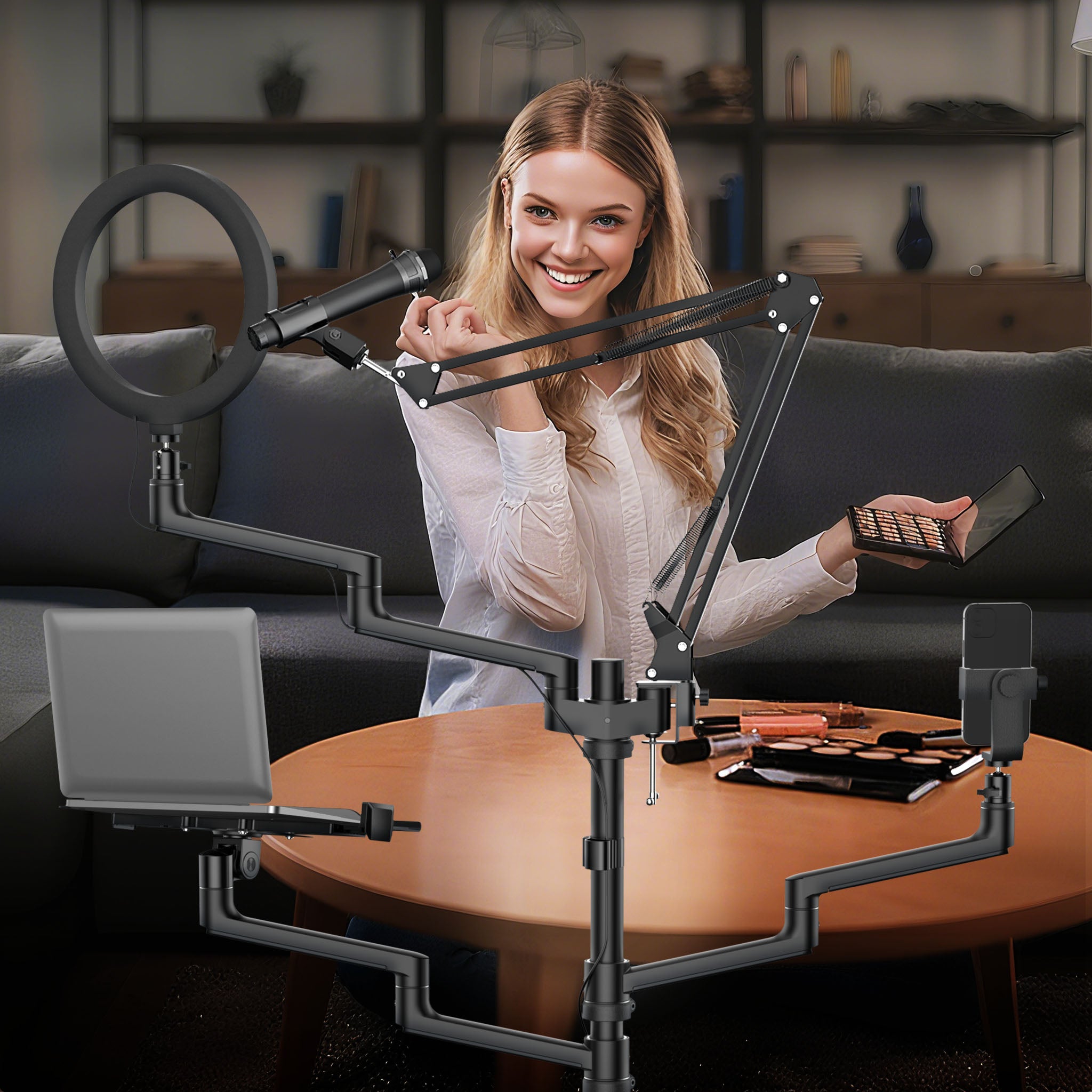 Supporto da terra 4in1 con 1 asta per microfono + 3 bracci articolati per accessori, con morsetto e ring light a 3 modalità, treppiede con rotelle per fotocamera per dirette e live